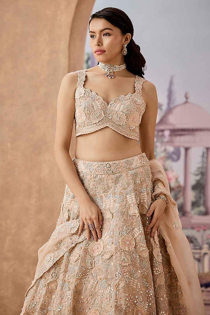 Peach Silk Organza Crystal Stone Embroidered Bridal Lehenga Set by Aneesh Agarwaal at Pernia's Pop Up Shop