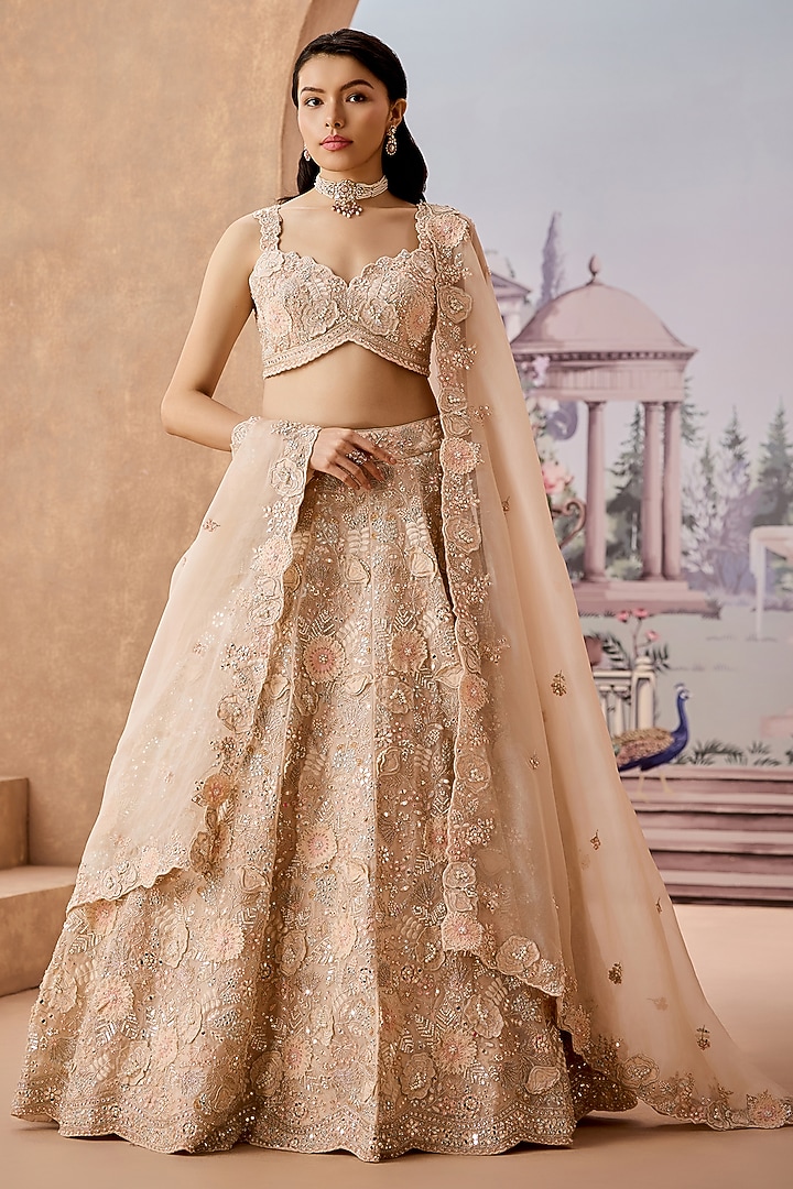 Peach Silk Organza Crystal Stone Embroidered Bridal Lehenga Set by Aneesh Agarwaal at Pernia's Pop Up Shop