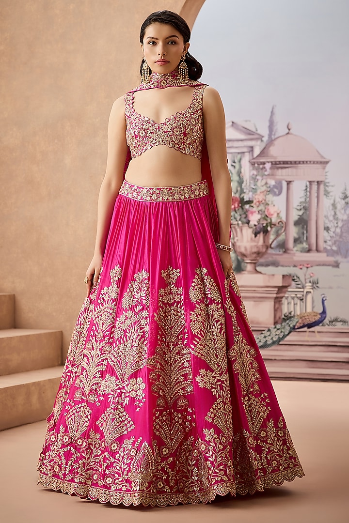Fuchsia Italian Silk Gota-Patti Embroidered Bridal Lehenga Set by Aneesh Agarwaal at Pernia's Pop Up Shop
