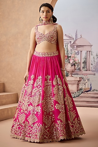Fuchsia Italian Silk Gota-Patti Embroidered Lehenga Set by Aneesh Agarwaal