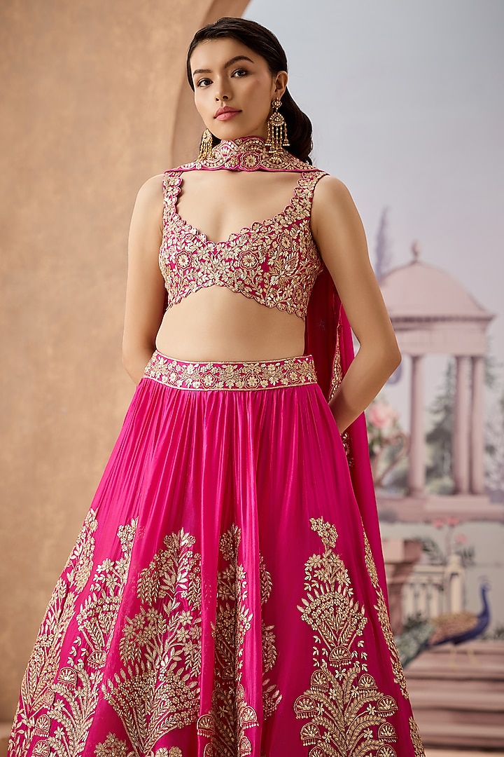 Fuchsia Italian Silk Gota-Patti Embroidered Bridal Lehenga Set by Aneesh Agarwaal at Pernia's Pop Up Shop