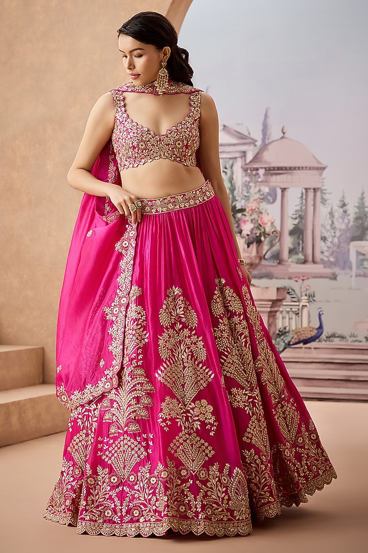 Fuchsia Italian Silk Gota-Patti Embroidered Bridal Lehenga Set by Aneesh Agarwaal at Pernia's Pop Up Shop