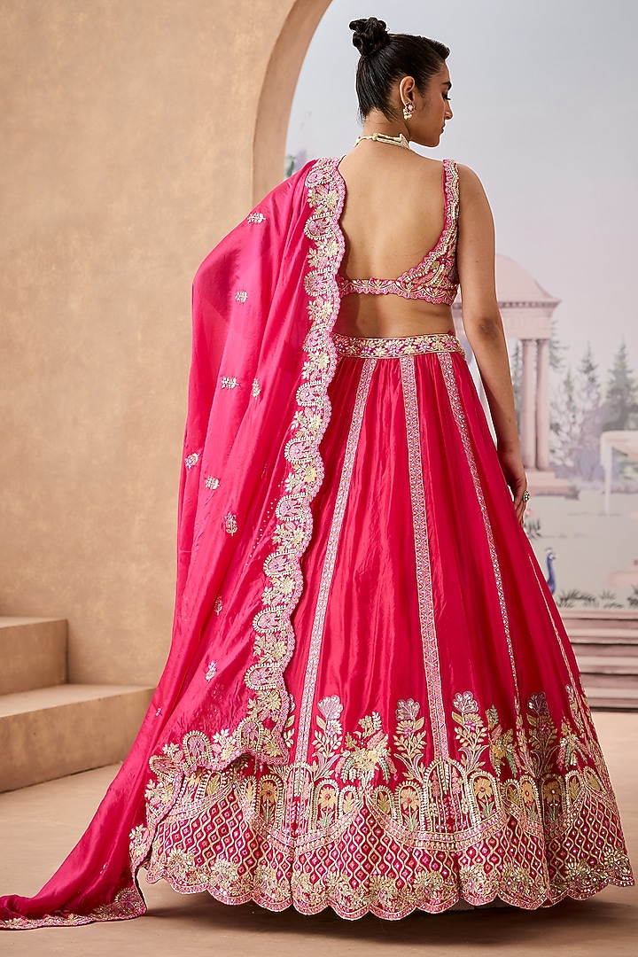 Hot Pink Italian Silk Mirror Embroidered Bridal Lehenga Set by Aneesh Agarwaal at Pernia's Pop Up Shop