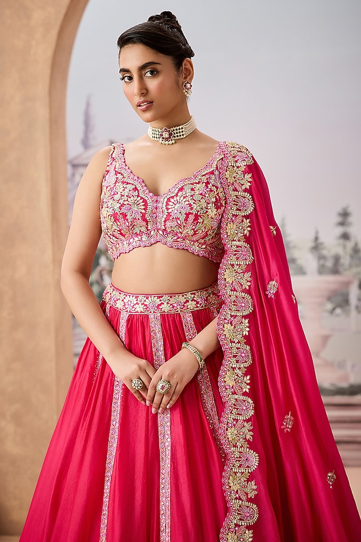 Hot Pink Italian Silk Mirror Embroidered Bridal Lehenga Set by Aneesh Agarwaal at Pernia's Pop Up Shop