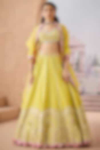 Lime Yellow Dupion Silk 3D Floral Embroidered Bridal Lehenga Set by Aneesh Agarwaal at Pernia's Pop Up Shop