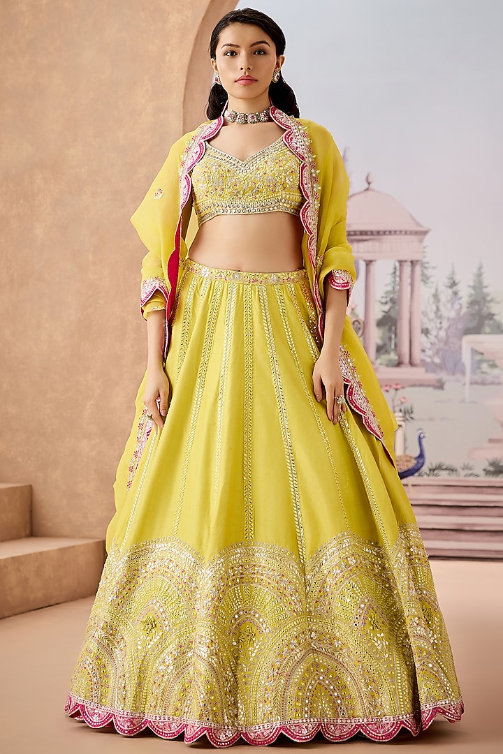 Lime Yellow Dupion Silk 3D Floral Embroidered Bridal Lehenga Set by Aneesh Agarwaal at Pernia's Pop Up Shop