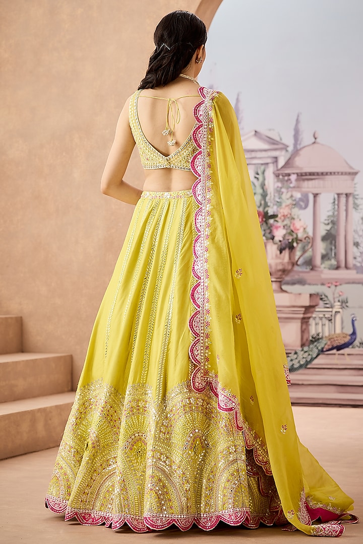 Lime Yellow Dupion Silk 3D Floral Embroidered Bridal Lehenga Set by Aneesh Agarwaal at Pernia's Pop Up Shop