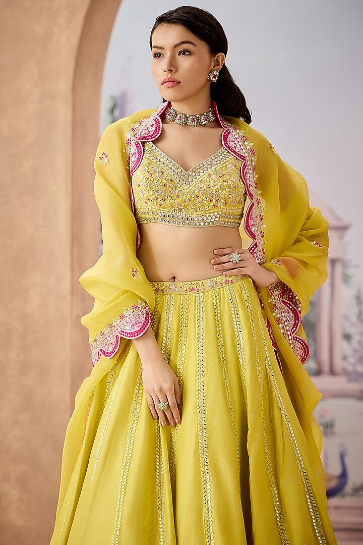 Lime Yellow Dupion Silk 3D Floral Embroidered Bridal Lehenga Set by Aneesh Agarwaal at Pernia's Pop Up Shop