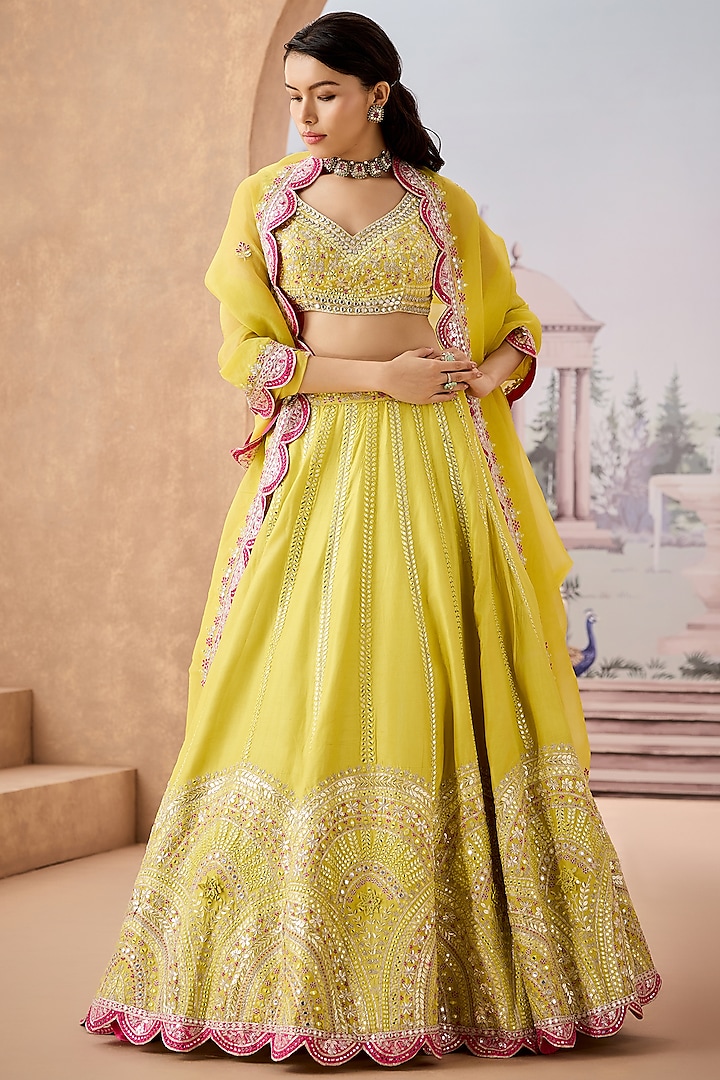 Lime Yellow Dupion Silk 3D Floral Embroidered Bridal Lehenga Set by Aneesh Agarwaal at Pernia's Pop Up Shop