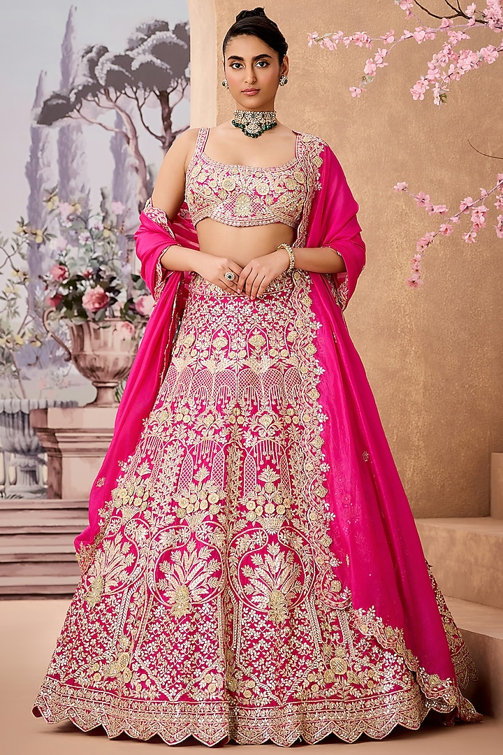 Fuchsia Italian Silk Gota Patti Embroidered Bridal Lehenga Set by Aneesh Agarwaal at Pernia's Pop Up Shop