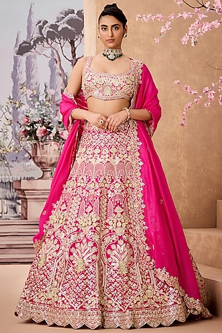 Fuchsia Italian Silk Gota Patti Embroidered Lehenga Set by Aneesh Agarwaal