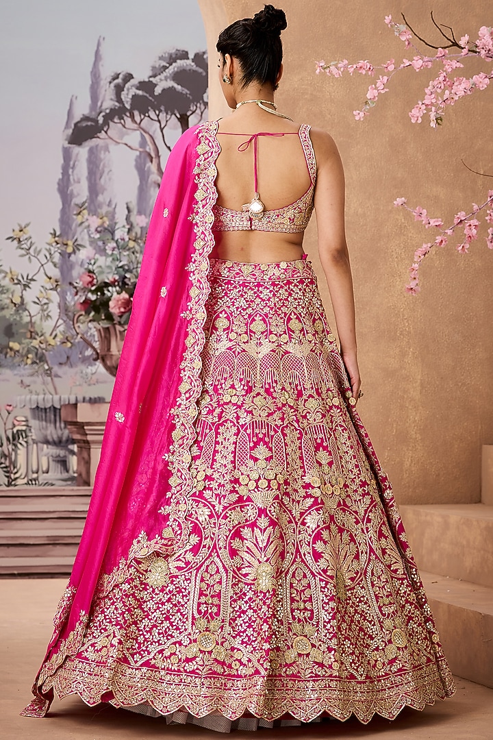 Fuchsia Italian Silk Gota Patti Embroidered Bridal Lehenga Set by Aneesh Agarwaal at Pernia's Pop Up Shop