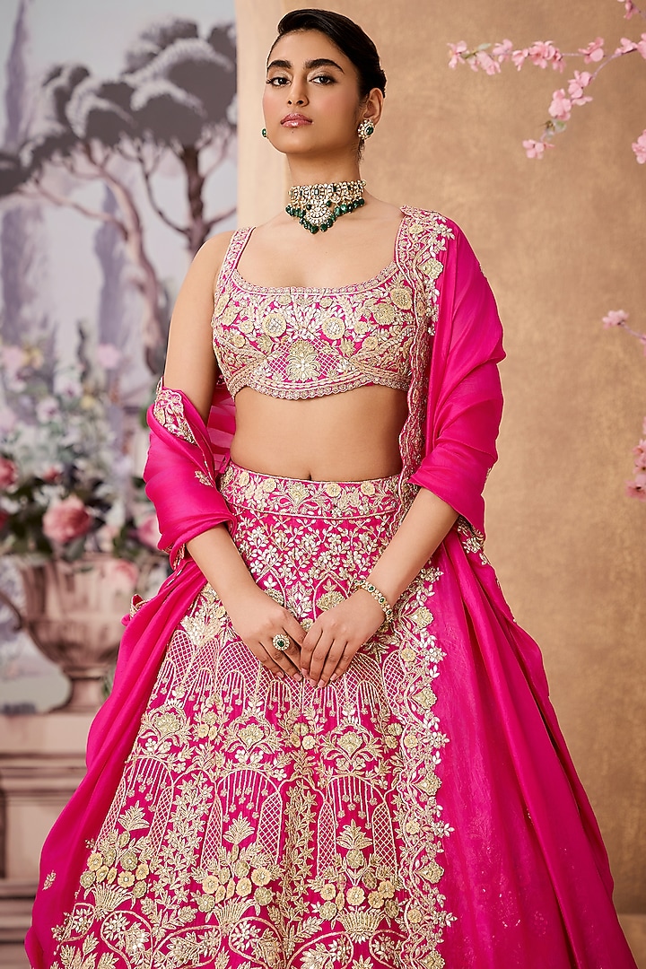 Fuchsia Italian Silk Gota Patti Embroidered Bridal Lehenga Set by Aneesh Agarwaal at Pernia's Pop Up Shop