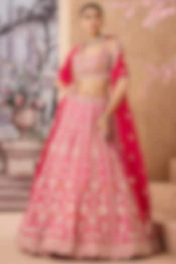 Fuchsia Silk Organza 3D Floral Hand Embroidered Lehenga Set by Aneesh Agarwaal