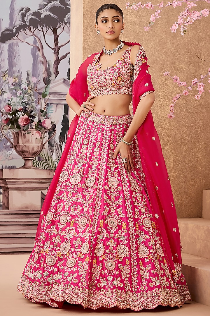 Fuchsia Silk Organza 3D Floral Hand Embroidered Lehenga Set by Aneesh Agarwaal