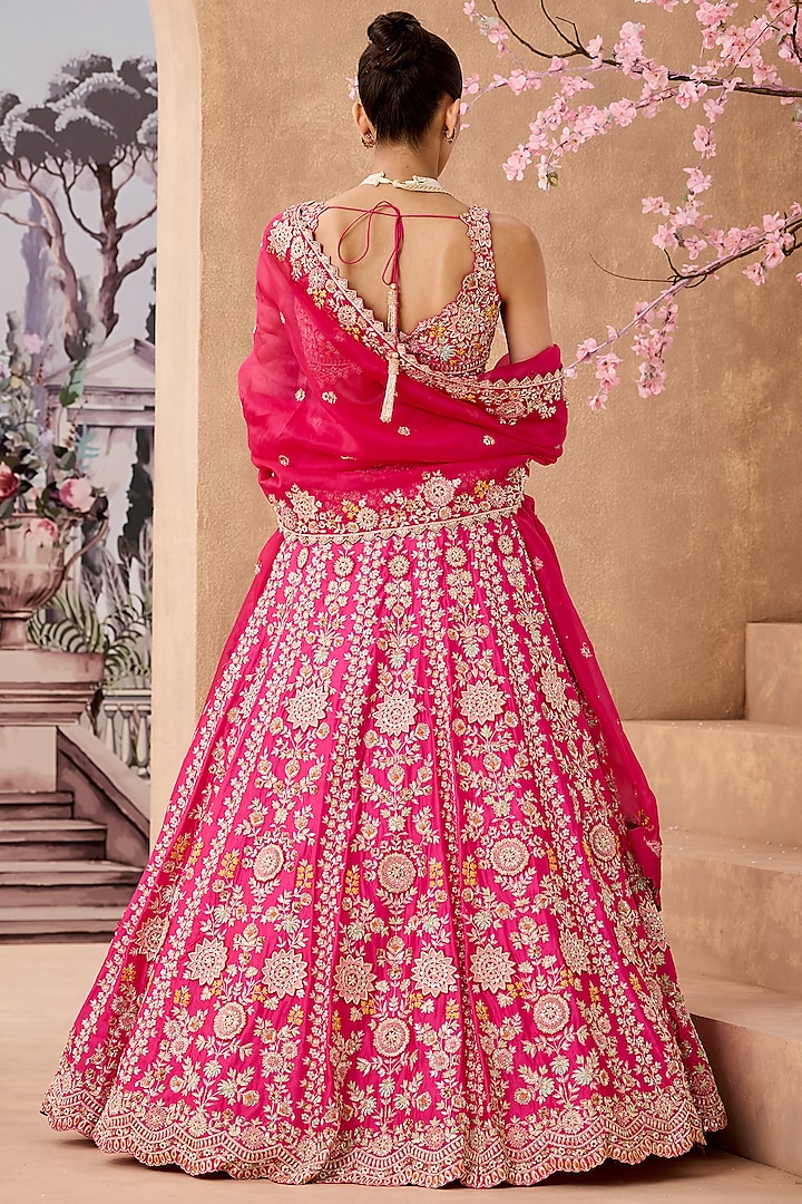 Fuchsia Silk Organza 3D Floral Hand Embroidered Bridal Lehenga Set by Aneesh Agarwaal at Pernia's Pop Up Shop