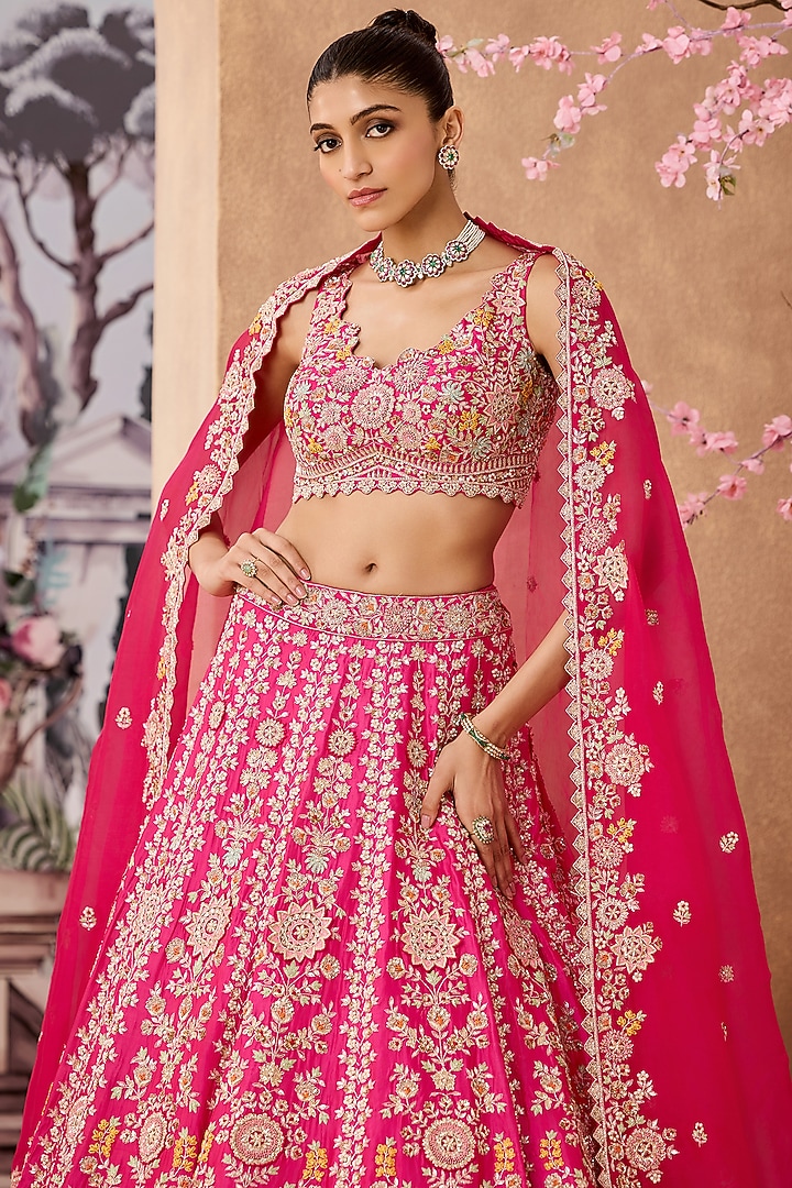 Fuchsia Silk Organza 3D Floral Hand Embroidered Bridal Lehenga Set by Aneesh Agarwaal at Pernia's Pop Up Shop