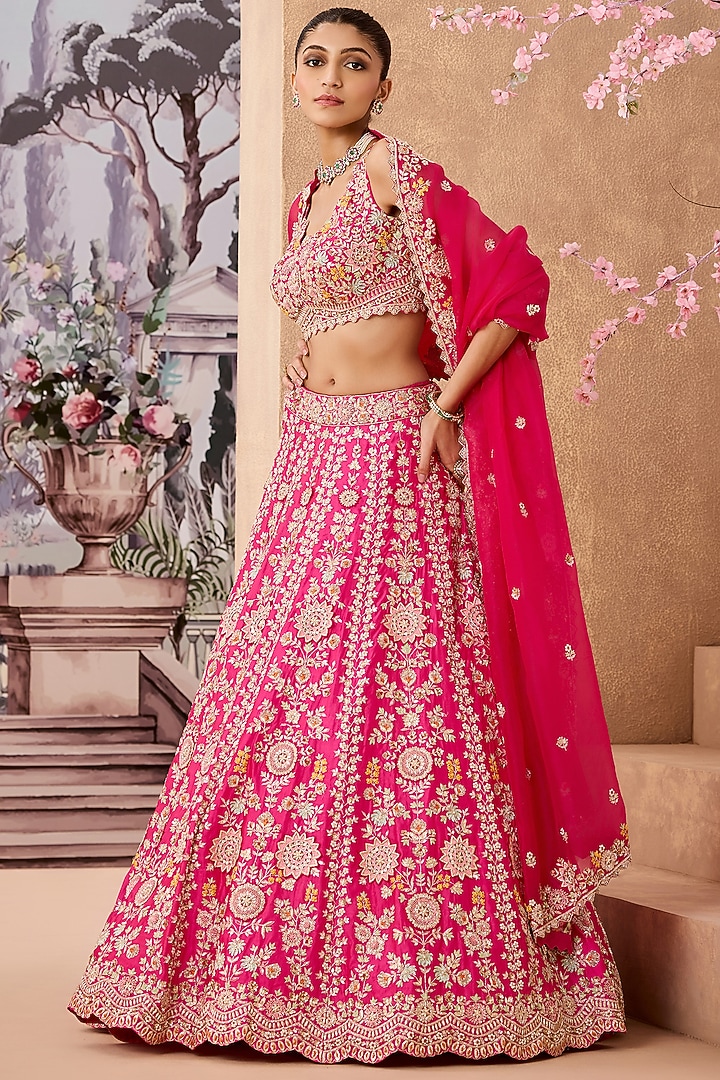 Fuchsia Silk Organza 3D Floral Hand Embroidered Bridal Lehenga Set by Aneesh Agarwaal at Pernia's Pop Up Shop