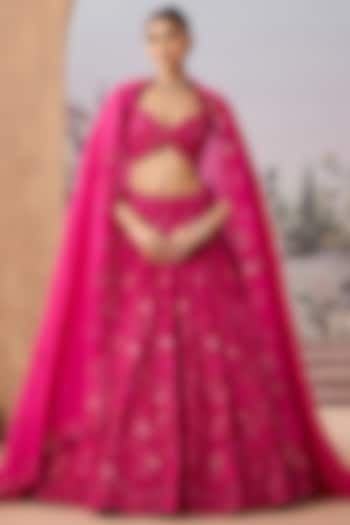 Magenta Silk Organza Thread & Cutdana Embroidered Bridal Lehenga Set by Aneesh Agarwaal at Pernia's Pop Up Shop