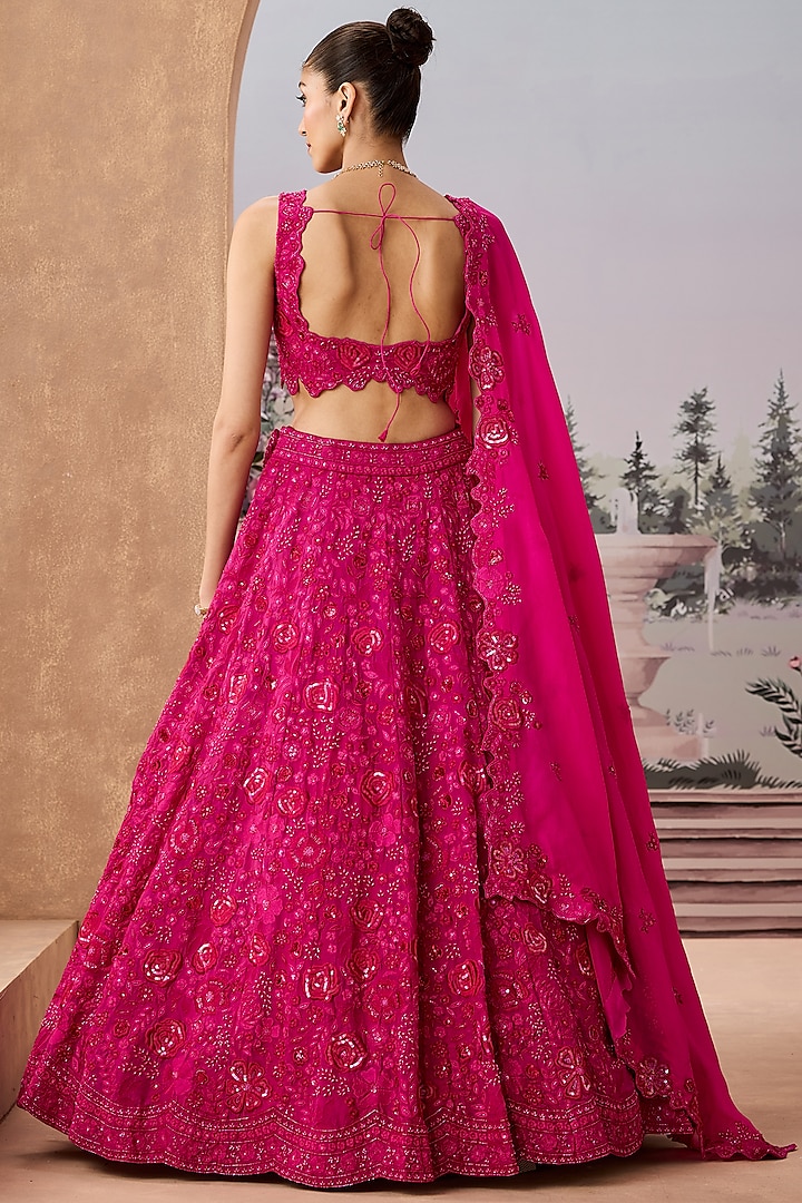 Magenta Silk Organza Thread & Cutdana Embroidered Bridal Lehenga Set by Aneesh Agarwaal at Pernia's Pop Up Shop