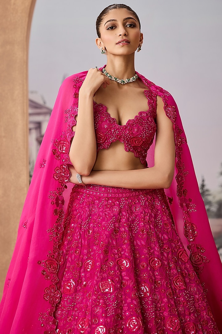 Magenta Silk Organza Thread & Cutdana Embroidered Bridal Lehenga Set by Aneesh Agarwaal at Pernia's Pop Up Shop