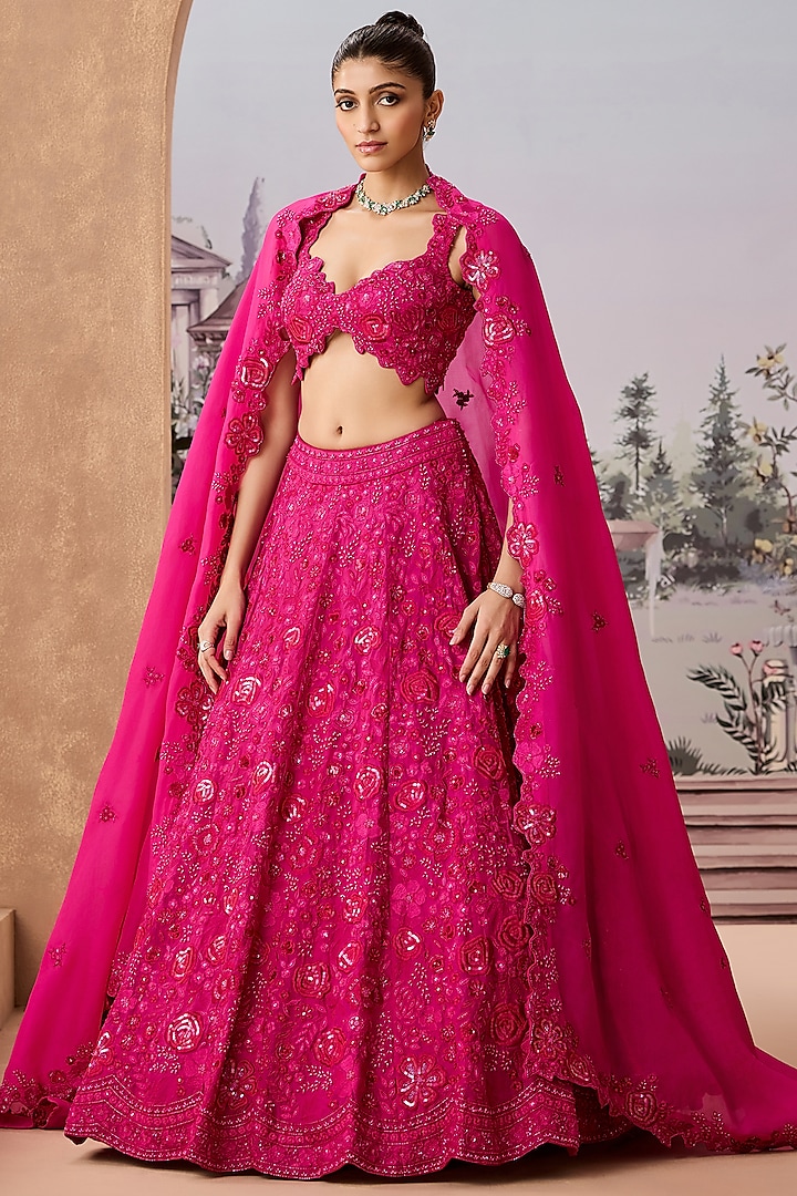 Magenta Silk Organza Thread & Cutdana Embroidered Bridal Lehenga Set by Aneesh Agarwaal at Pernia's Pop Up Shop