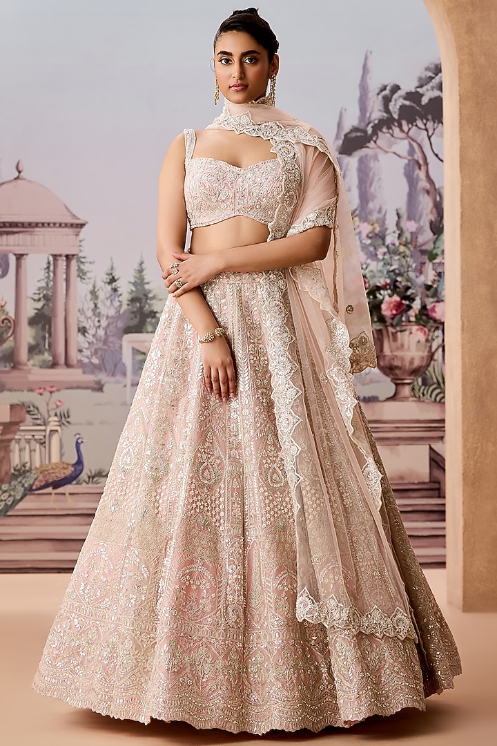 Pink Silk Organza Sequins & Pearl Embroidered Bridal Lehenga Set by Aneesh Agarwaal at Pernia's Pop Up Shop