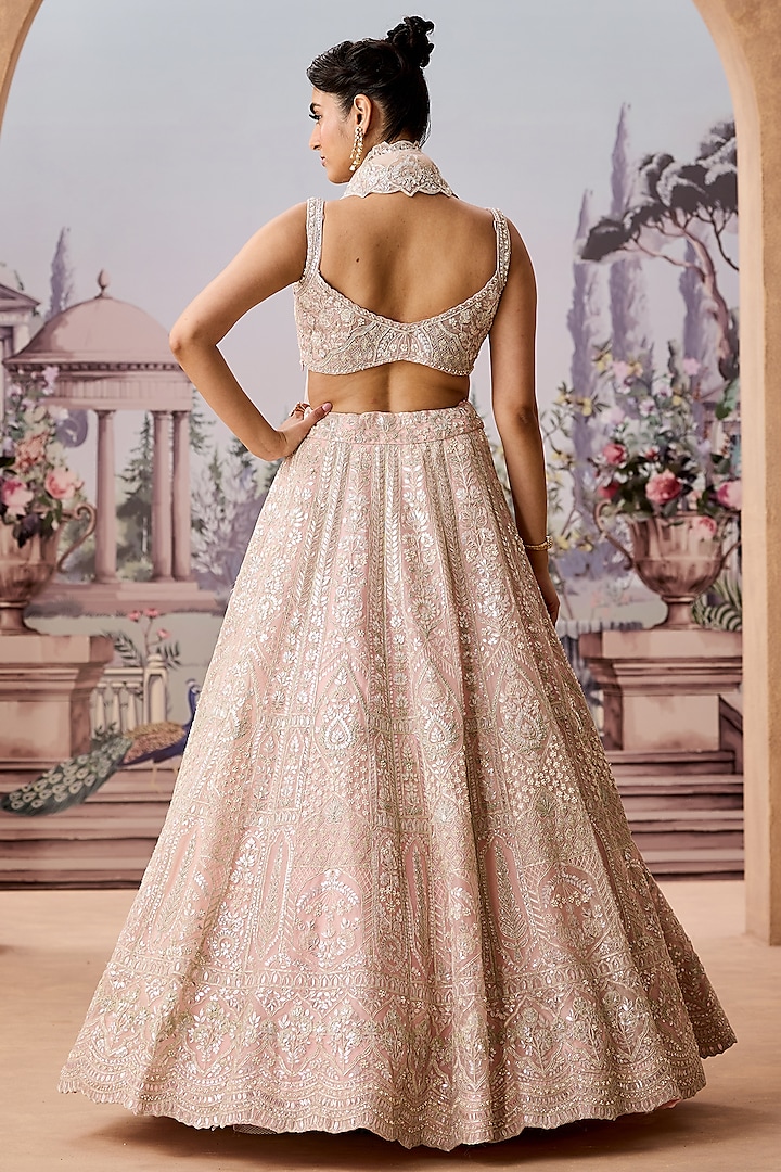 Pink Silk Organza Sequins & Pearl Embroidered Bridal Lehenga Set by Aneesh Agarwaal at Pernia's Pop Up Shop