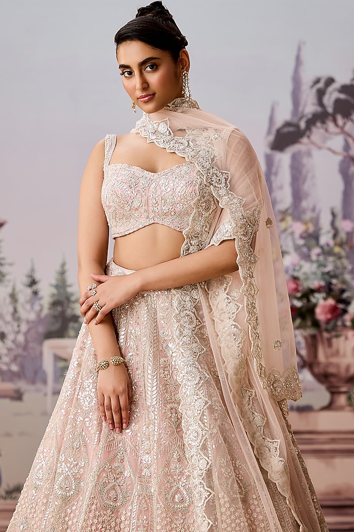 Pink Silk Organza Sequins & Pearl Embroidered Bridal Lehenga Set by Aneesh Agarwaal at Pernia's Pop Up Shop
