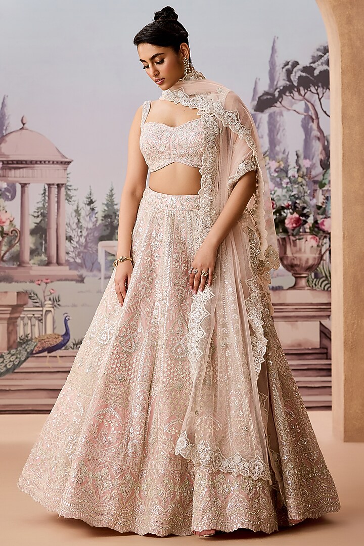 Pink Silk Organza Sequins & Pearl Embroidered Bridal Lehenga Set by Aneesh Agarwaal at Pernia's Pop Up Shop