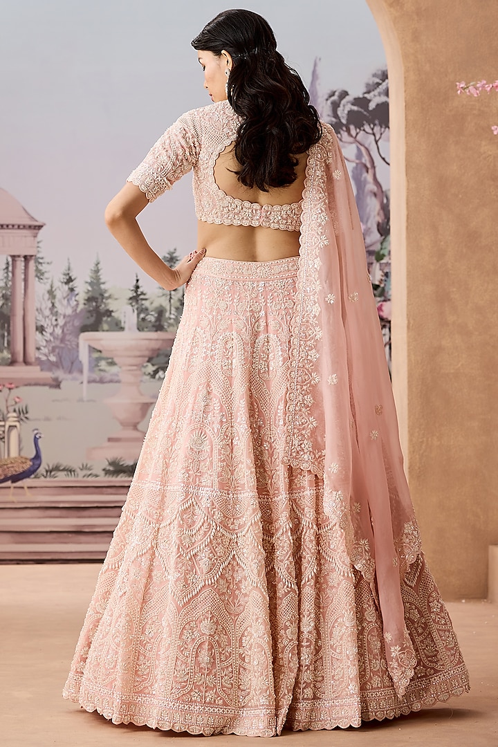 Peach Silk Organza Pearl Hand Embroidered Bridal Lehenga Set by Aneesh Agarwaal at Pernia's Pop Up Shop