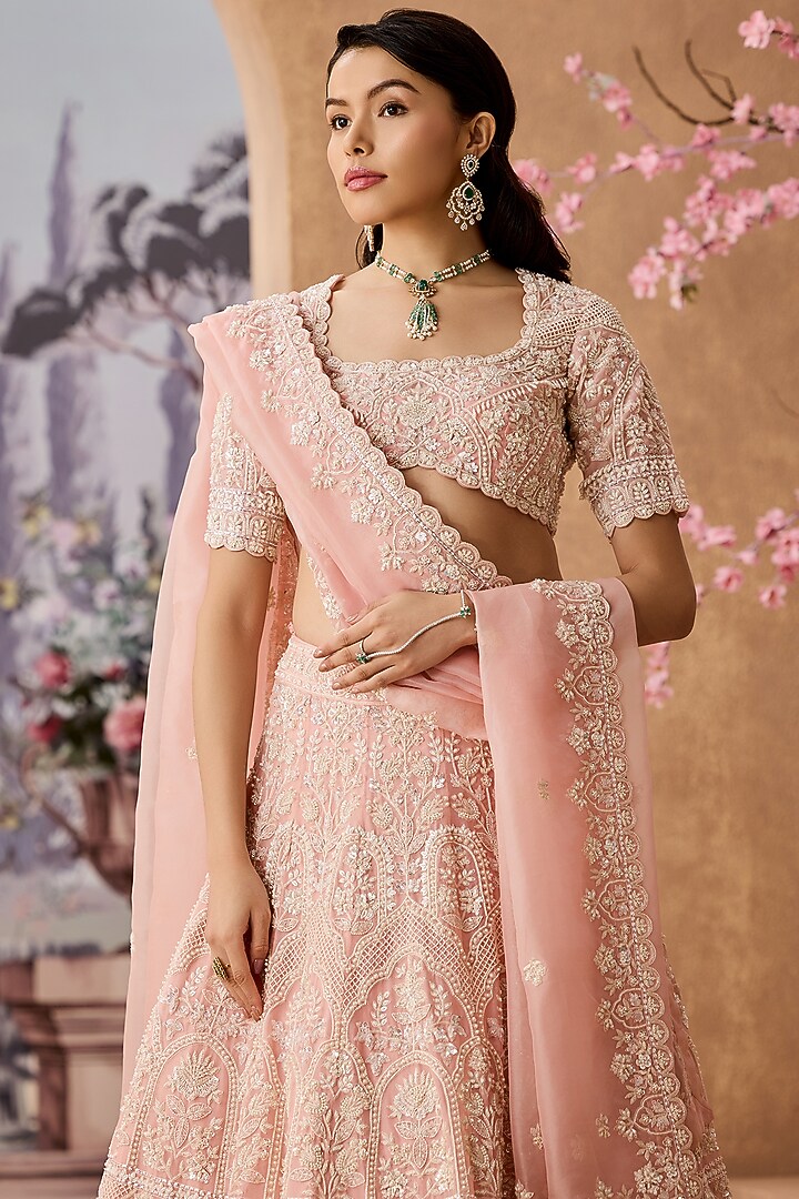 Peach Silk Organza Pearl Hand Embroidered Bridal Lehenga Set by Aneesh Agarwaal at Pernia's Pop Up Shop
