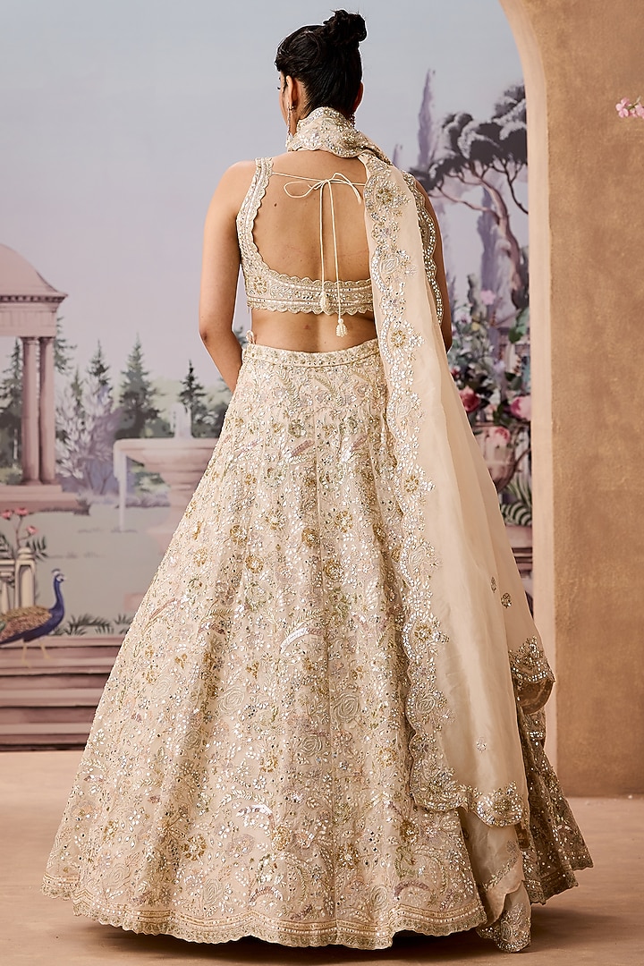 Ivory & Gold Silk Organza Floral Motif Embroidered Bridal Lehenga Set by Aneesh Agarwaal at Pernia's Pop Up Shop