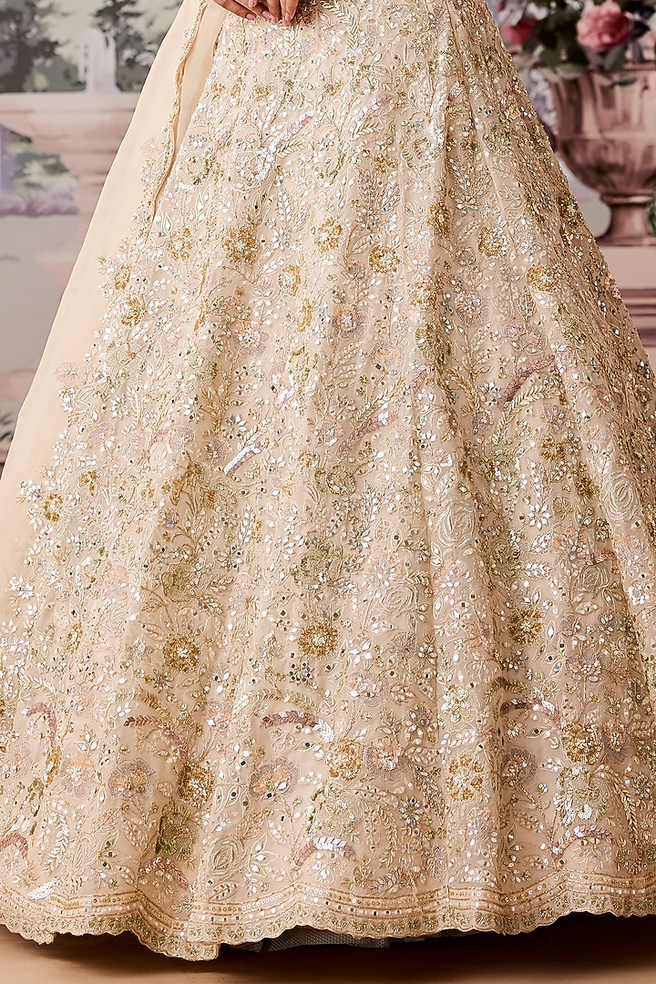 Ivory & Gold Silk Organza Floral Motif Embroidered Bridal Lehenga Set by Aneesh Agarwaal at Pernia's Pop Up Shop