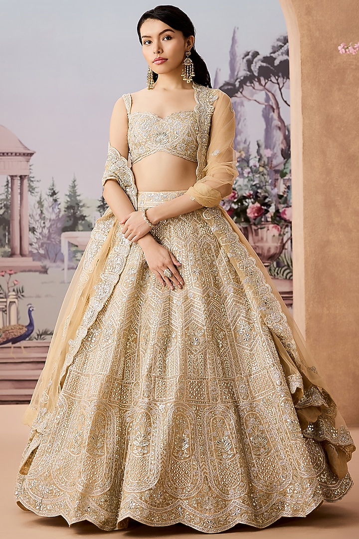 Champagne Silk Organza Pearl Embroidered Bridal Lehenga Set by Aneesh Agarwaal at Pernia's Pop Up Shop