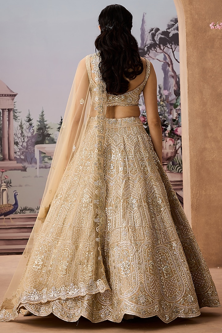 Champagne Silk Organza Pearl Embroidered Bridal Lehenga Set by Aneesh Agarwaal at Pernia's Pop Up Shop