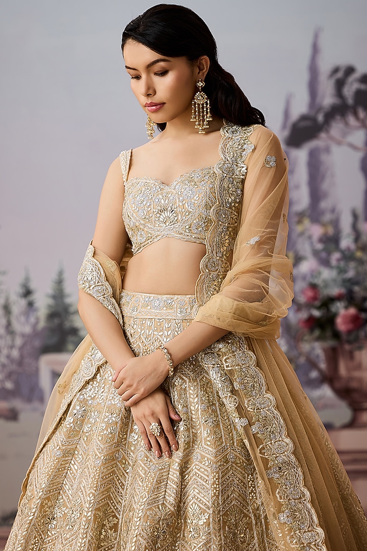 Champagne Silk Organza Pearl Embroidered Bridal Lehenga Set by Aneesh Agarwaal at Pernia's Pop Up Shop