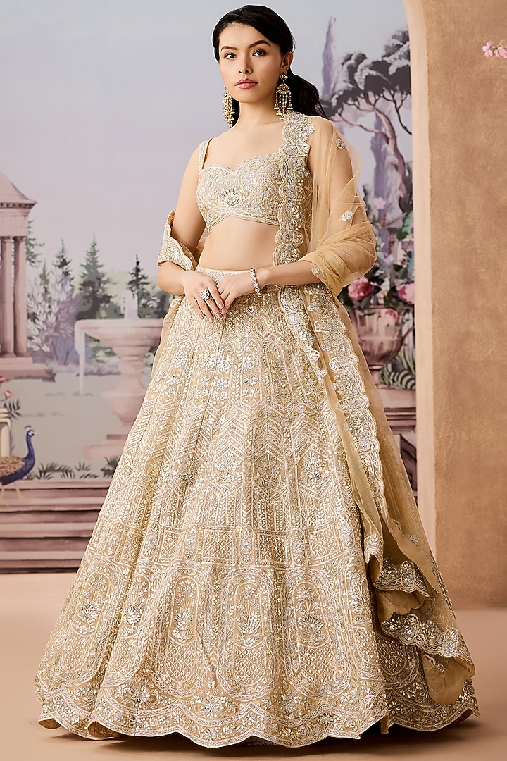 Champagne Silk Organza Pearl Embroidered Bridal Lehenga Set by Aneesh Agarwaal at Pernia's Pop Up Shop