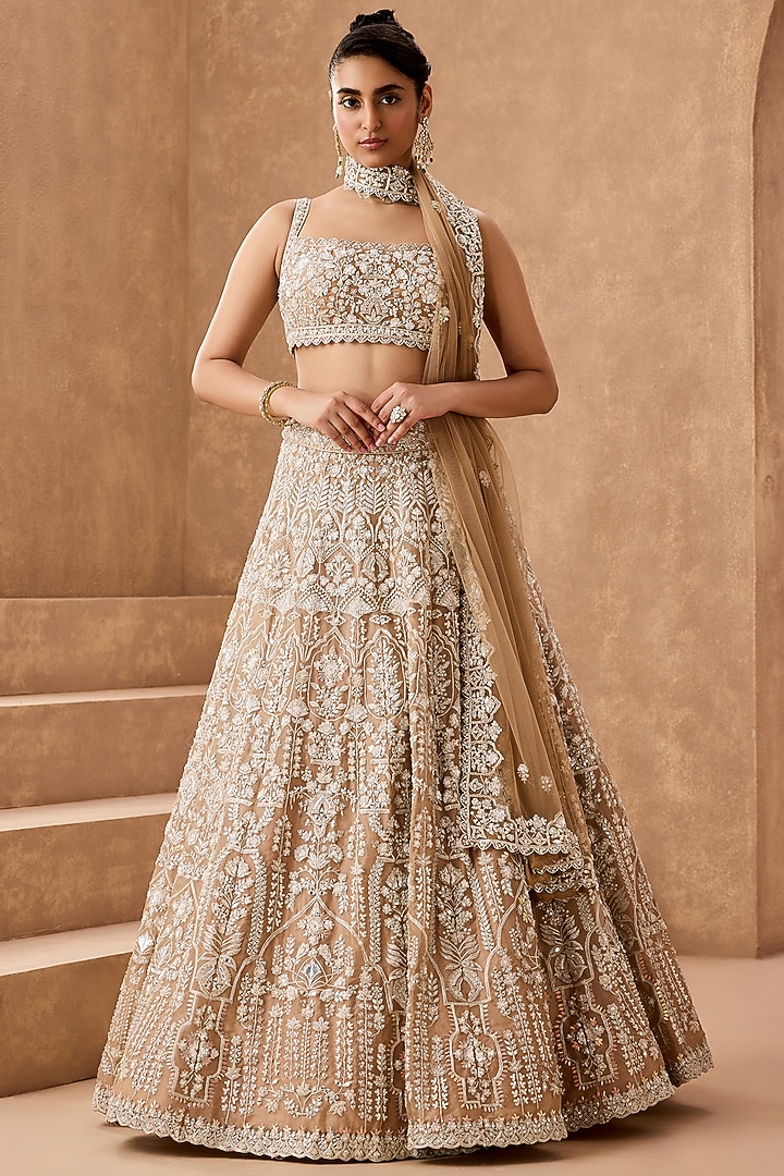 Tan Gold Silk Organza Pearl Embroidered Bridal Lehenga Set by Aneesh Agarwaal at Pernia's Pop Up Shop