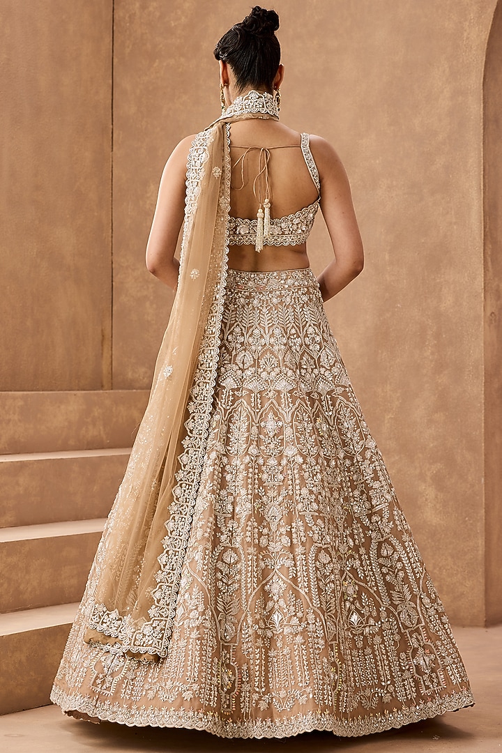 Tan Gold Silk Organza Pearl Embroidered Bridal Lehenga Set by Aneesh Agarwaal at Pernia's Pop Up Shop