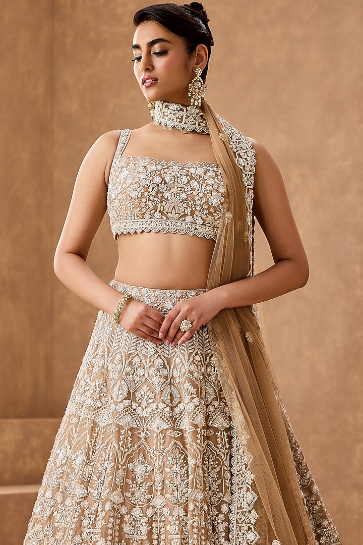 Tan Gold Silk Organza Pearl Embroidered Bridal Lehenga Set by Aneesh Agarwaal at Pernia's Pop Up Shop