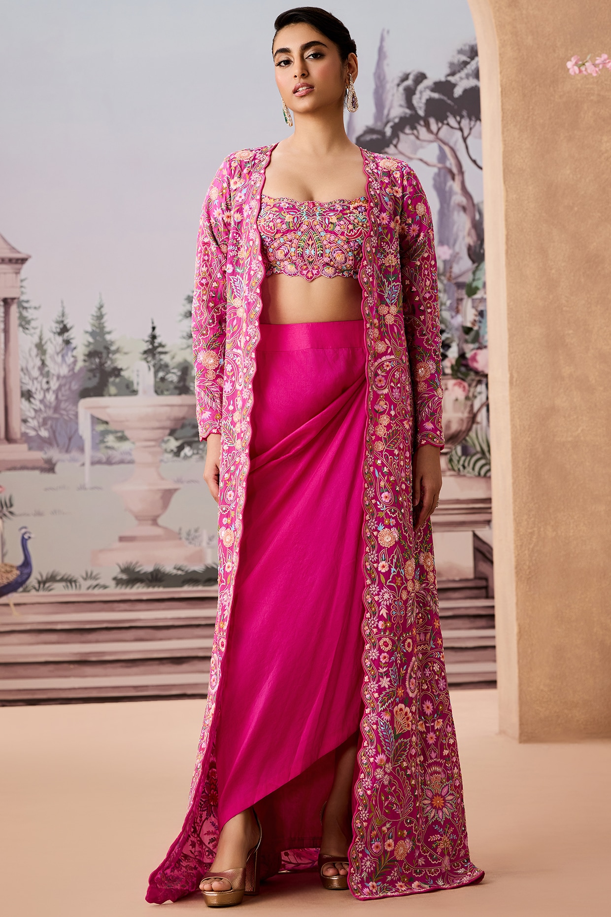 Rani Pink Silk Organza Hand Embroidered Jacket Set by Aneesh