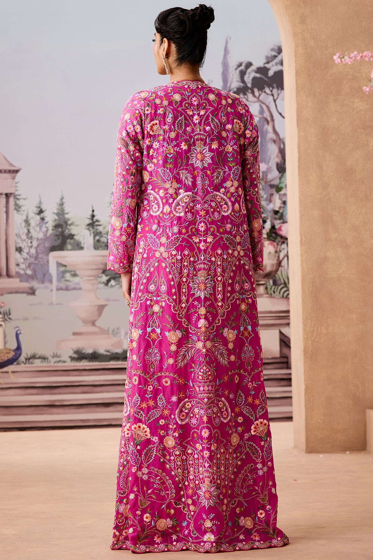 Rani Pink Silk Organza Hand Embroidered Jacket Set by Aneesh