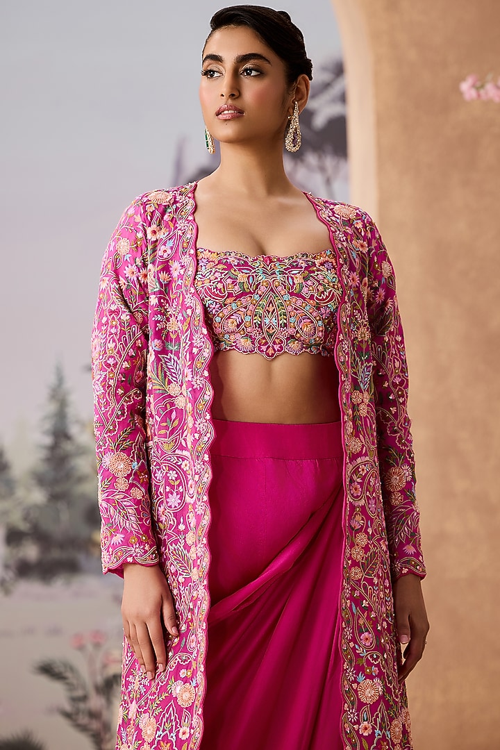 Rani Pink Silk Organza Hand Embroidered Jacket Set by Aneesh Agarwaal at Pernia's Pop Up Shop