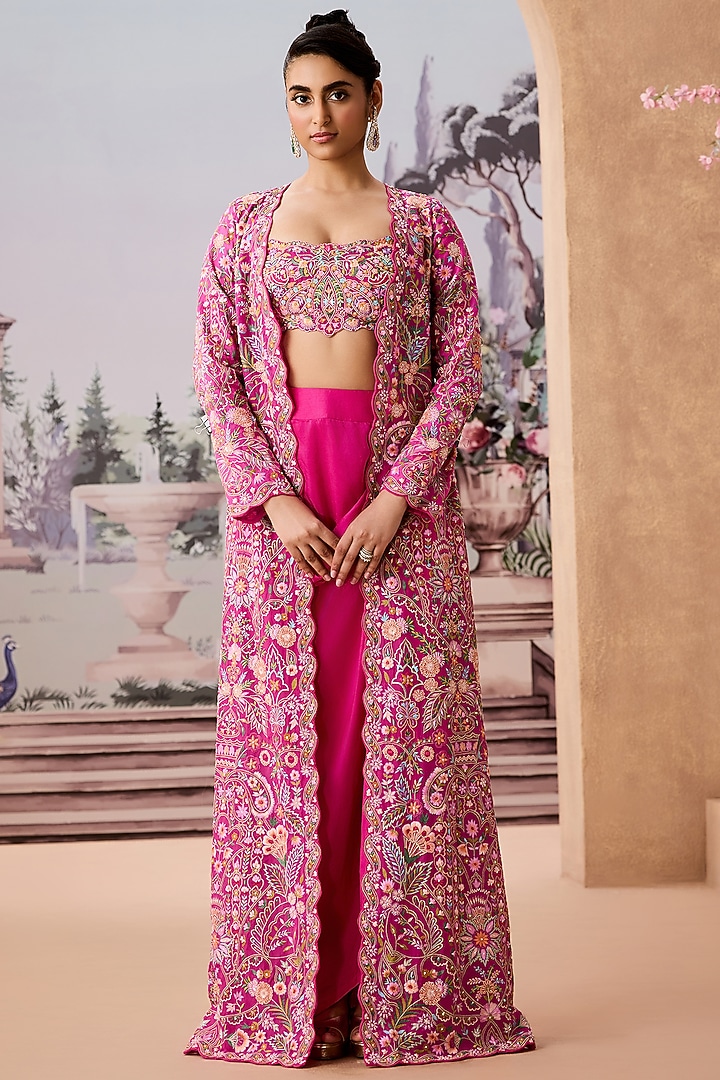 Rani Pink Silk Organza Hand Embroidered Jacket Set by Aneesh Agarwaal at Pernia's Pop Up Shop