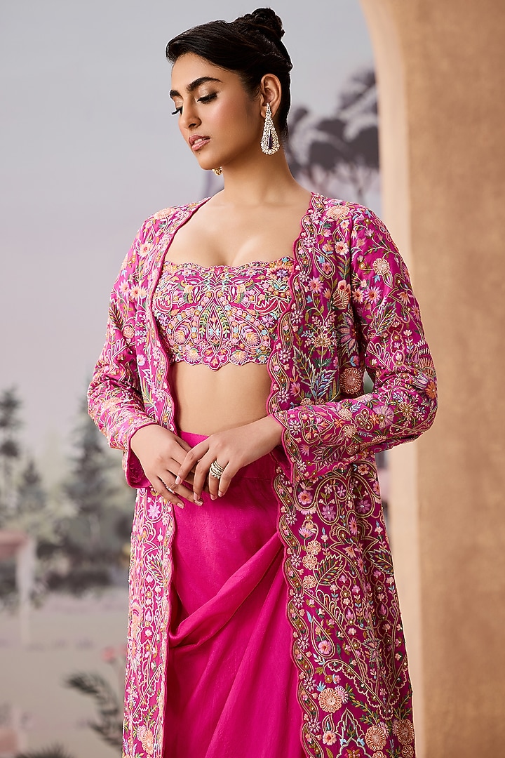 Rani Pink Silk Organza Hand Embroidered Jacket Set by Aneesh Agarwaal at Pernia's Pop Up Shop