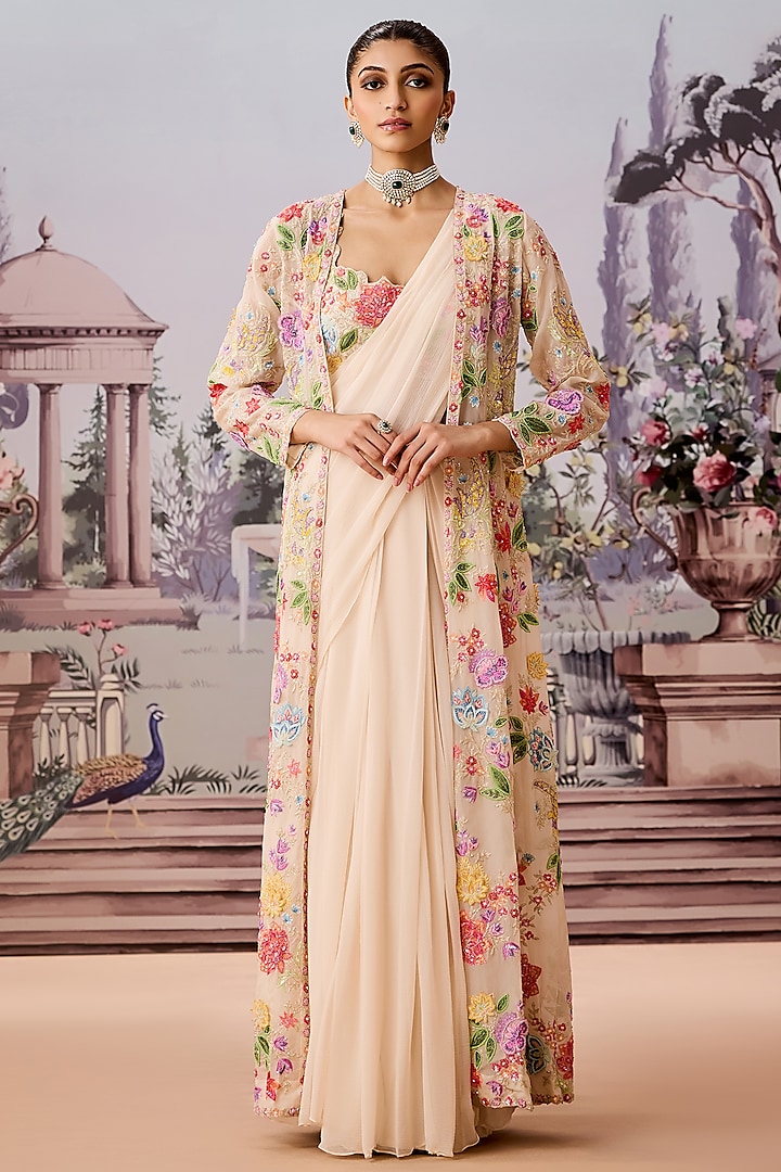 Ivory Silk Chiffon Pre-Draped Jacket Saree Set by Aneesh Agarwaal at Pernia's Pop Up Shop