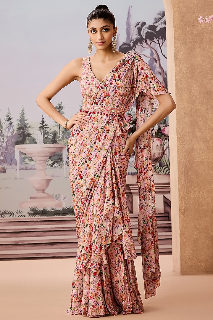 Peach Chinon Chiffon Floral Printed Saree Set by Aneesh Agarwaal PRET at Pernia's Pop Up Shop