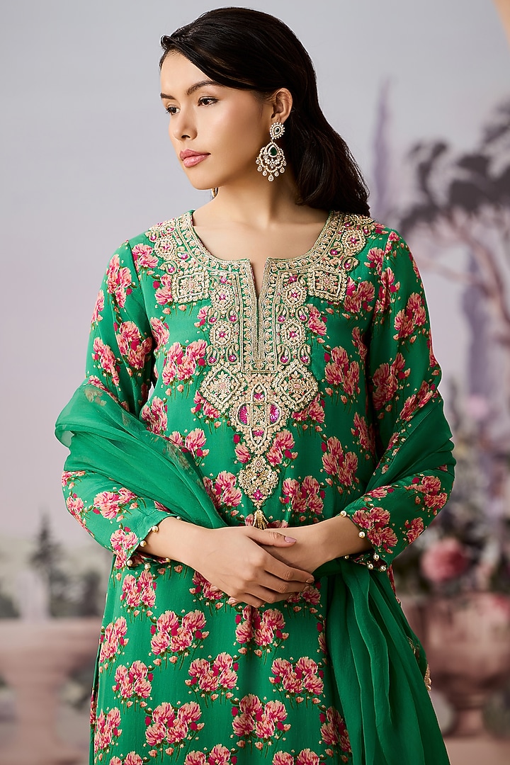 Green Crepe Printed & Embroidered Kurta Set by Aneesh Agarwaal PRET at Pernia's Pop Up Shop