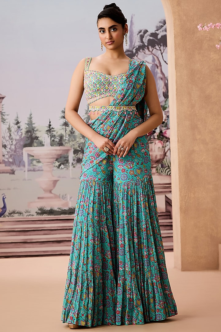 Turquoise Chinon Chiffon Printed Sharara Saree Set by Aneesh Agarwaal at Pernia's Pop Up Shop